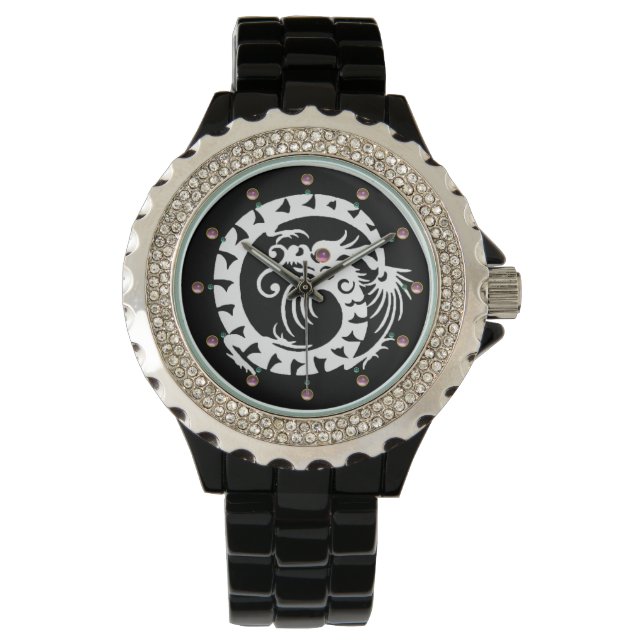 WHITE SNAKE DRAGON Black ,Pink Gemstones Watch (Front)