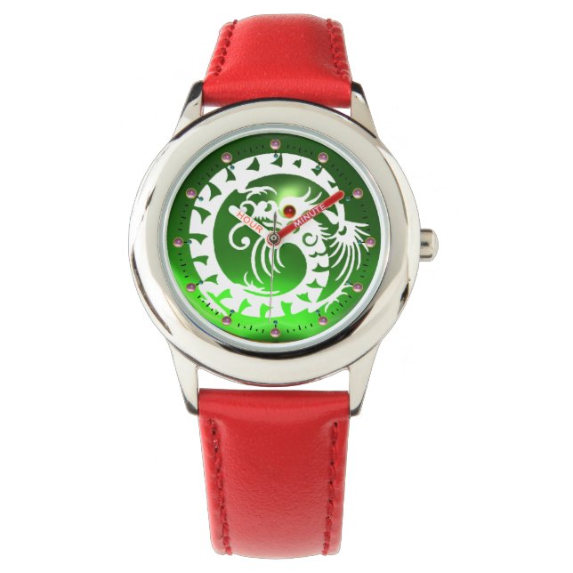 WHITE SNAKE DRAGON IN EMERALD GREEN Red Pink Gems  Watch (Front)