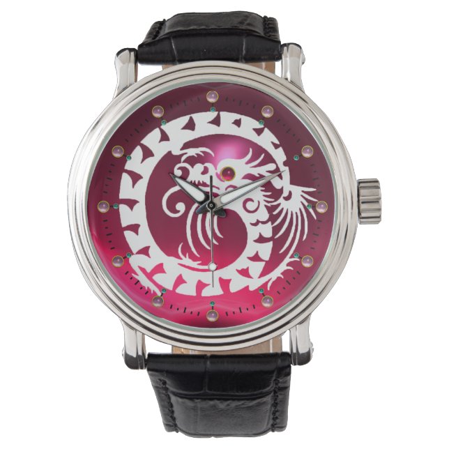 WHITE SNAKE DRAGON Pink Purple Amethyst Gem Stones Watch (Front)