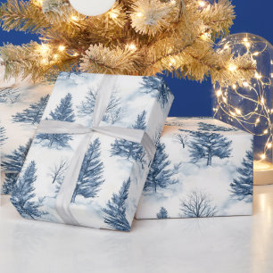 White Snow Blue Christmas Trees Wrapping Paper