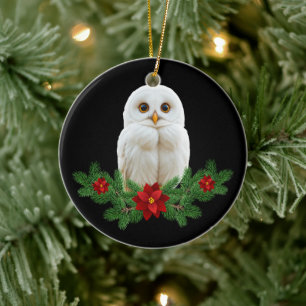 White Snow Christmas Owl Ceramic Ornament