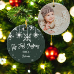 White snow elegant green my first christmas photo ceramic ornament<br><div class="desc">Celebrate your baby first Christmas with this modern white snow and hanging snowflakes in white elegant christmas season ornament on green. Add your baby's photo.</div>