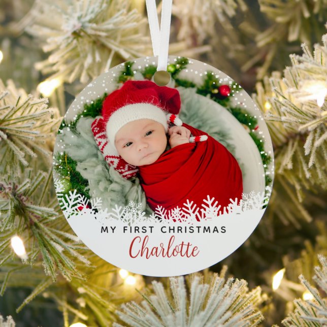 White Snow First Christmas Red Plaid Photo Metal Ornament (Insitu)