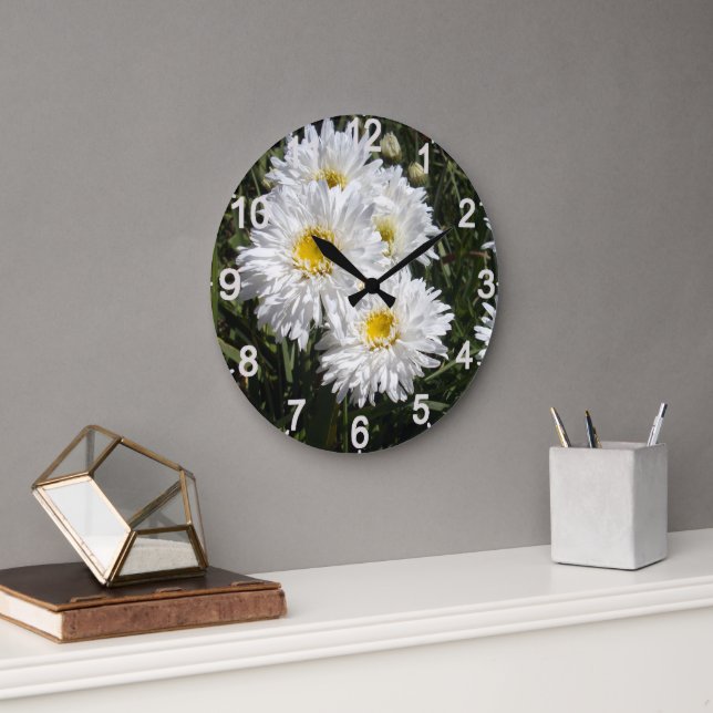 White Snow Flake Daisies, Large Clock (Office)