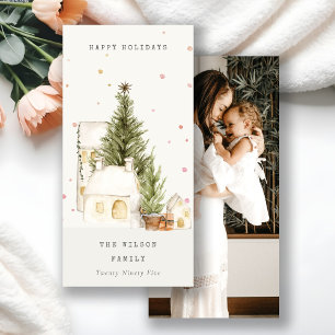 White Snow Tree Houses Photo Seasons Greetings Holiday Card