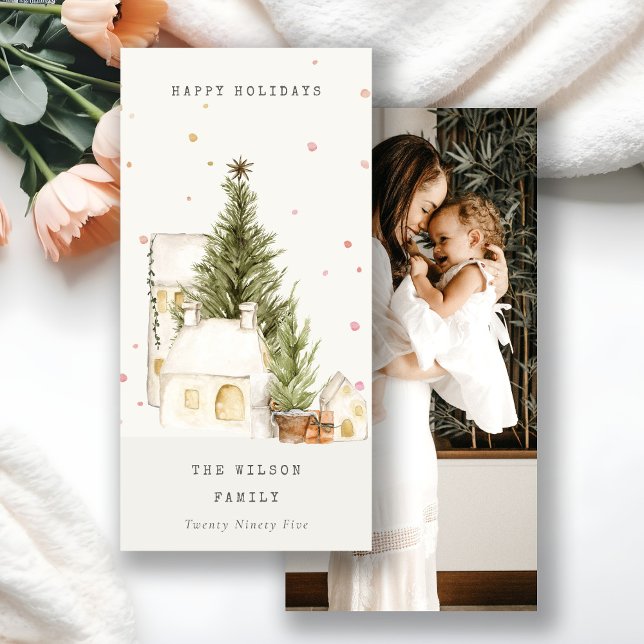 White Snow Tree Houses Photo Seasons Greetings Holiday Card (Creator Uploaded)