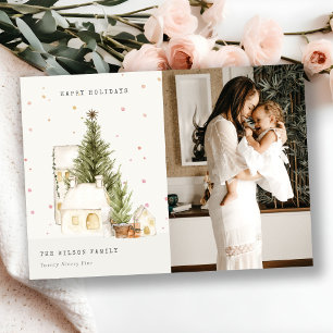 White Snow Tree Houses Photo Seasons Greetings Holiday Card