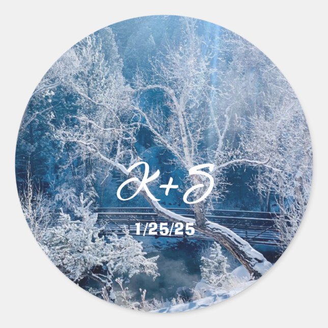 White Snow Winter Mountains Bridge Wedding Sticker (Front)