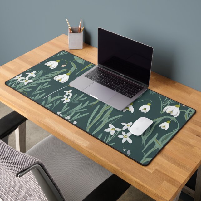 White Snowdrops Flowers On Green Desk Mat (Office 2)