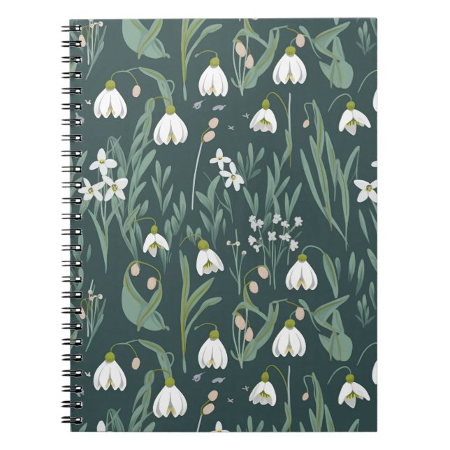 White Snowdrops Flowers On Green Notebook (Front)