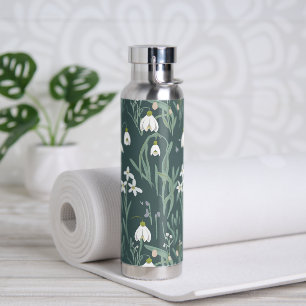 White Snowdrops Flowers On Sage Water Bottle