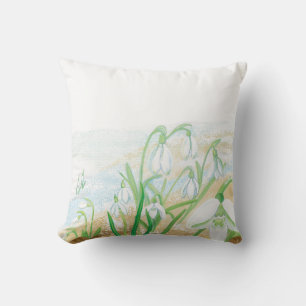 White Snowdrops, Galanthus nivalis Illustration  Throw Pillow
