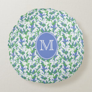 White Snowdrops Monogrammed on Powder Blue Round Pillow