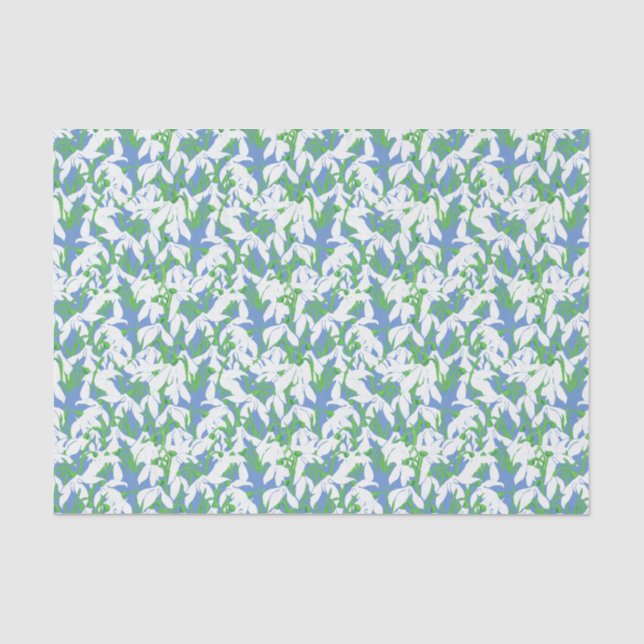 White Snowdrops Pattern on Blue Background Tissue Paper (Front)
