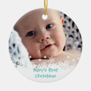 White snowflake blue gingerbread kid custom photo ceramic ornament