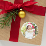 White Snowflake Border Holiday Photo Classic Round Sticker<br><div class="desc">Snowflake framed photo sticker design features a round wreath of delicate white snowflakes that frame photo as an overlay design.</div>