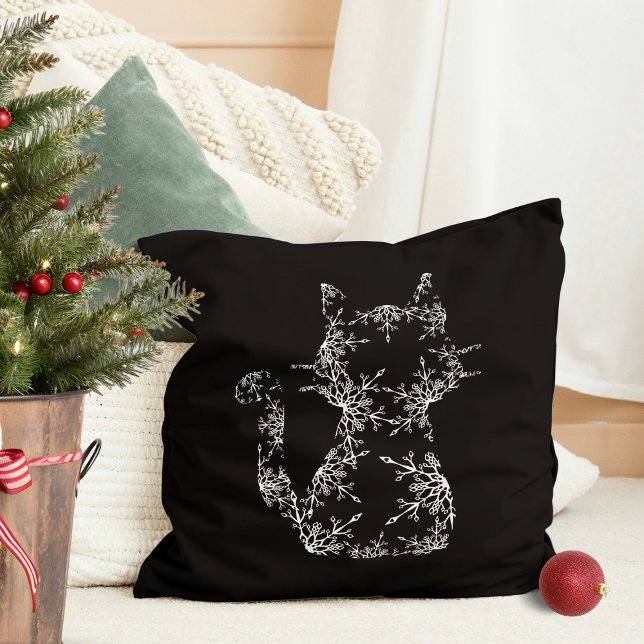 White Snowflake Cat Silhouette Throw Pillow (White Snowflake Cat Silhouette Throw Pillow)