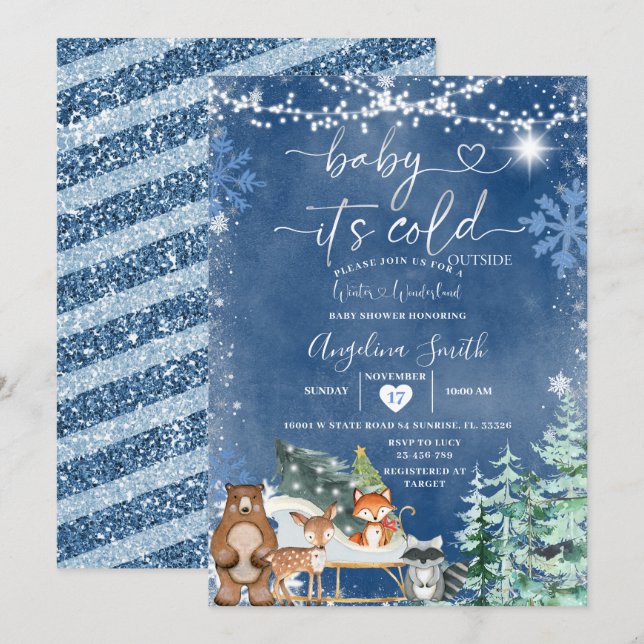  White Snowflake Cold Outside Tree Baby Shower Invitation (Front/Back)