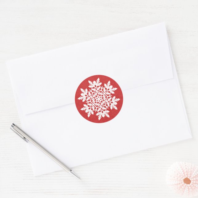  White Snowflake (Cranberry)  Classic Round Sticker (Envelope)