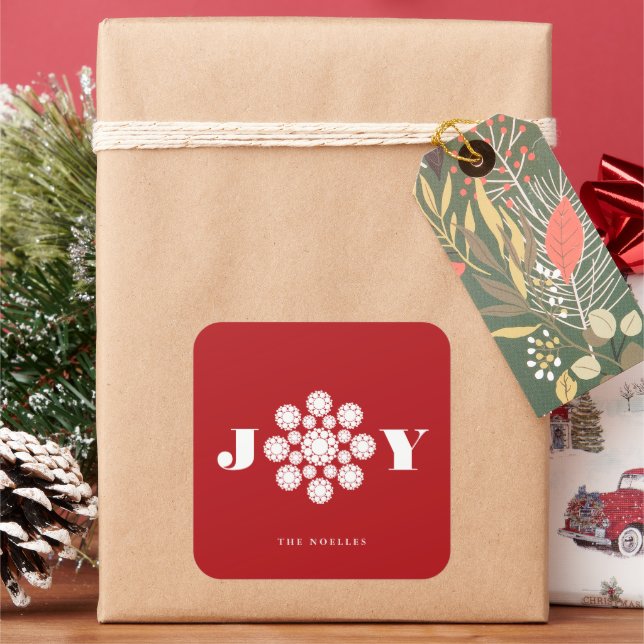 White Snowflake Flower Dots Joy Christmas Holiday Square Sticker (Holiday)