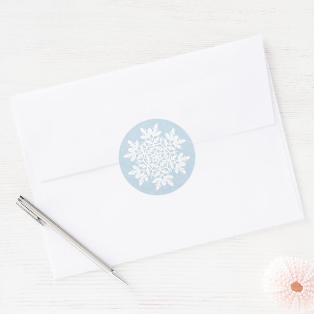  White Snowflake (Frost Blue)  Classic Round Sticker (Envelope)