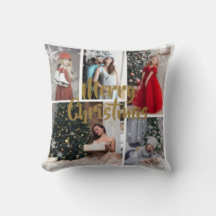 White SnowFlake Gold Merry Christma Photo Collage  Throw Pillow