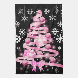 White Snowflake Light Pink Ribbon Christmas Tree Kitchen Towel