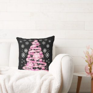 White Snowflake Light Pink Ribbon Christmas Tree   Throw Pillow