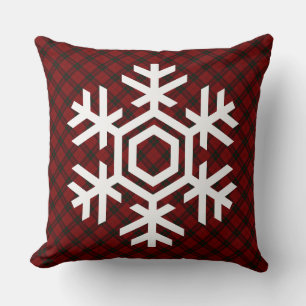 White Snowflake on a classic red tartan pattern Throw Pillow