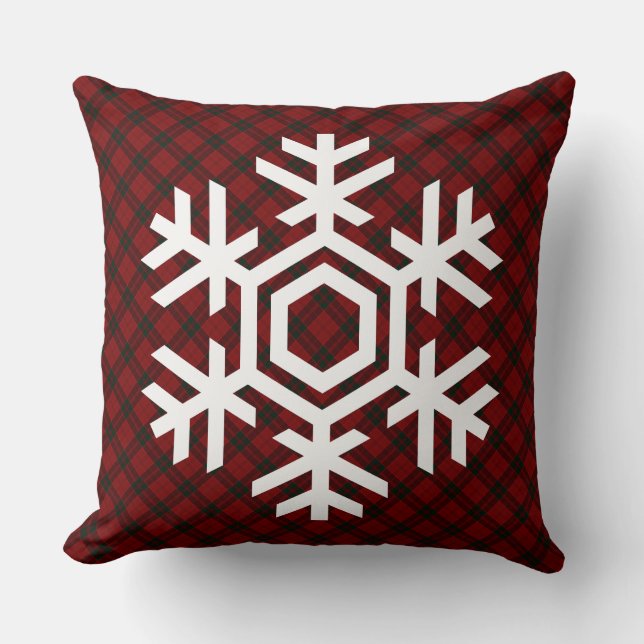 White Snowflake on a classic red tartan pattern Throw Pillow (Front)