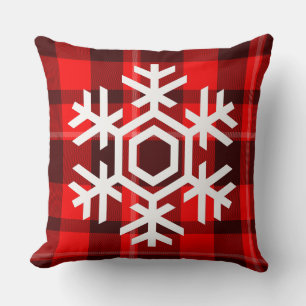 White Snowflake on a classic red tartan pattern Throw Pillow
