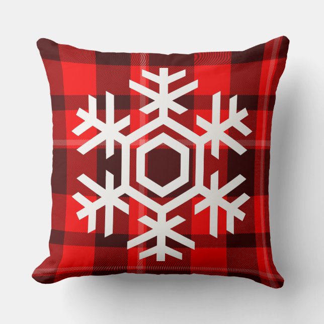 White Snowflake on a classic red tartan pattern Throw Pillow (Front)
