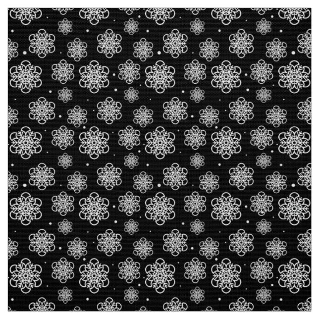 White  Snowflake on black with fish scales pattern Fabric (Swatch)