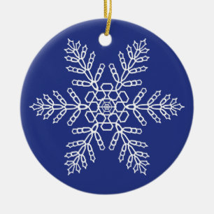 White Snowflake on Blue Background Ceramic Ornament