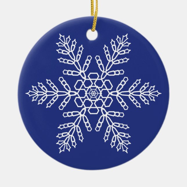 White Snowflake on Blue Background Ceramic Ornament (Front)