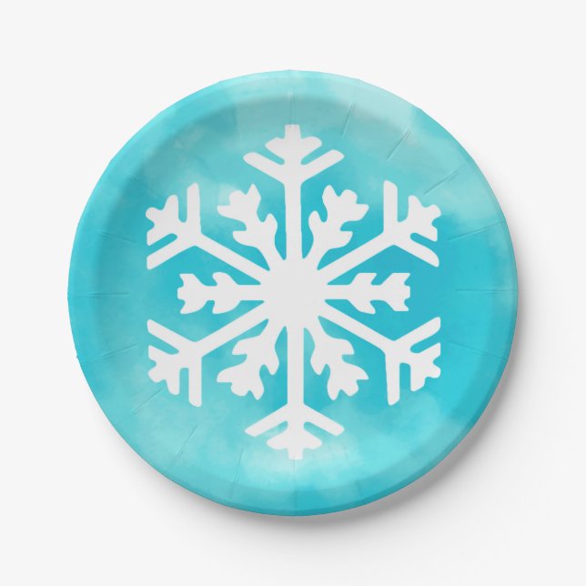 White snowflake on Blue Watercolor Background Paper Plate (Front)