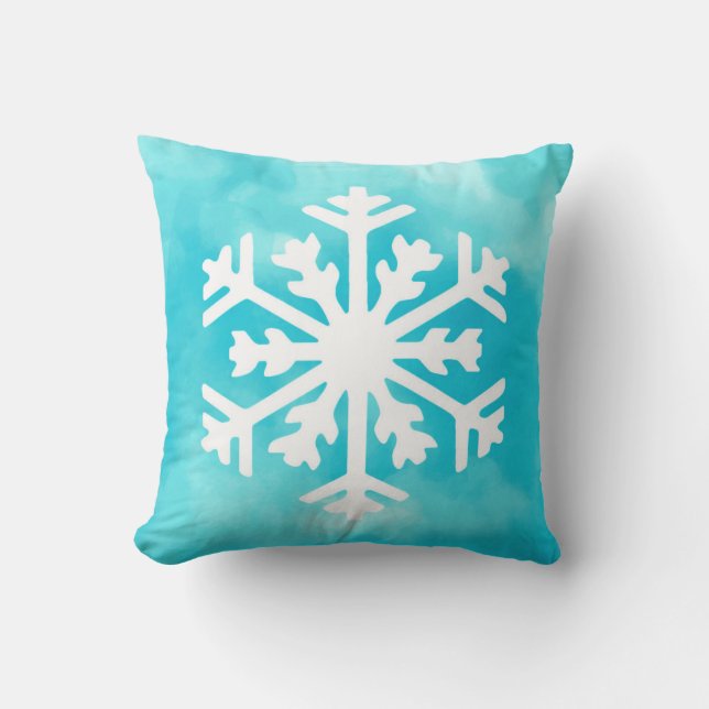 White snowflake on Blue Watercolor Background Throw Pillow (Front)