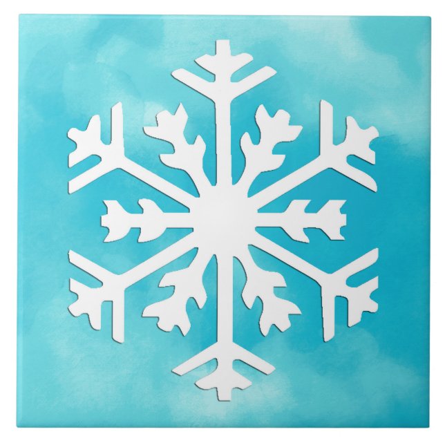 White snowflake on Blue Watercolor Background Tile (Front)
