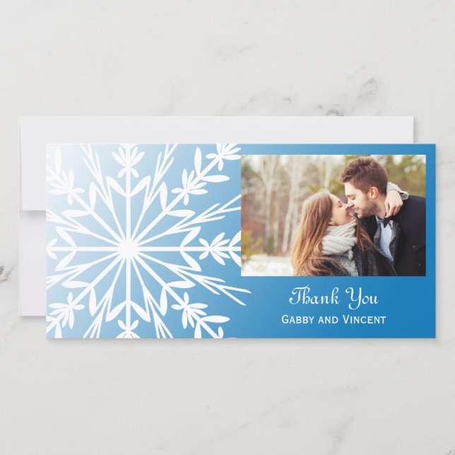 White Snowflake on Blue Winter Wedding Thank You Card (Front)