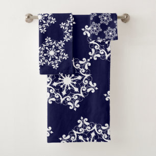 White Snowflake On Dark Blue Bath Towel Set