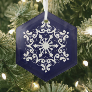 White Snowflake On Dark Blue Glass Ornament