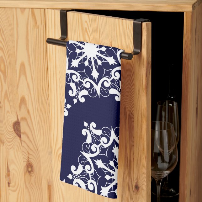 White Snowflake On Dark Blue Kitchen Towel (Thirds Fold)