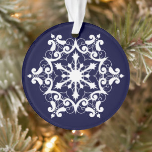White Snowflake On Dark Blue Ornament