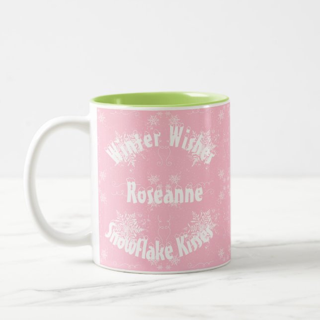 White Snowflake on Dusty Rose Two-Tone Coffee Mug (Left)