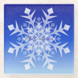White Snowflake on Falling Snow Glass Coaster