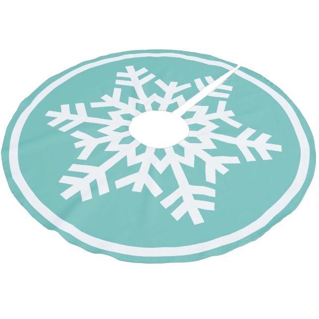 White Snowflake On Light Aqua Teal Blue Green Brushed Polyester Tree Skirt (Angled)