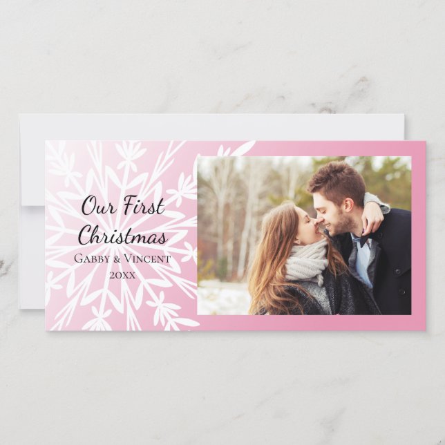 White Snowflake on Pink First Christmas Together Holiday Card (Front)