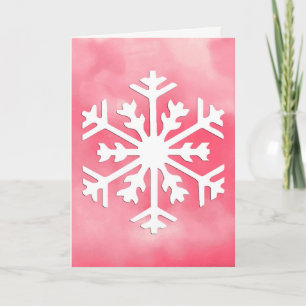 White snowflake on Pink Watercolor Background Holiday Card
