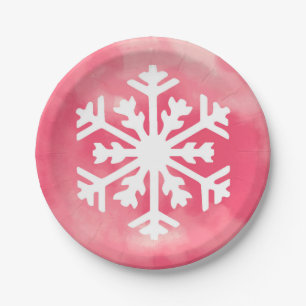 White snowflake on Pink Watercolor Background Paper Plate