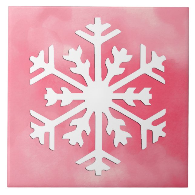 White snowflake on Pink Watercolor Background Tile (Front)